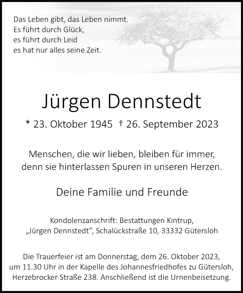  Traueranzeige für Jürgen Dennstedt vom 07.10.2023 aus Neue Westfälische