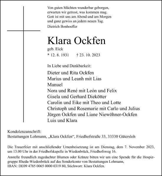 Traueranzeige von Klara Ockfen von Neue Westfälische