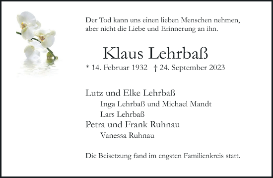 Traueranzeige von Klaus Lehrbaß von Neue Westfälische