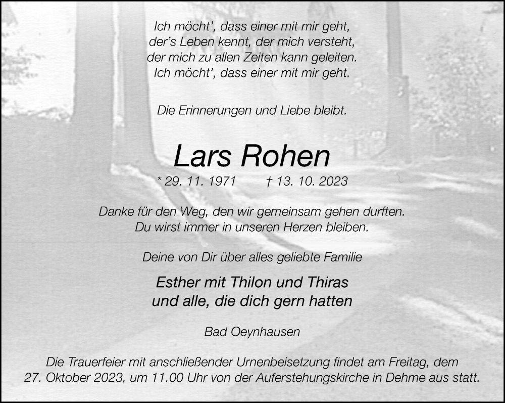  Traueranzeige für Lars Rohen vom 21.10.2023 aus Neue Westfälische