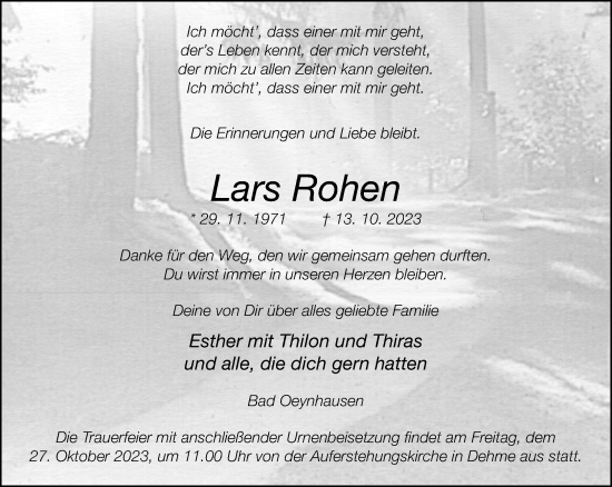 Traueranzeige von Lars Rohen von Neue Westfälische