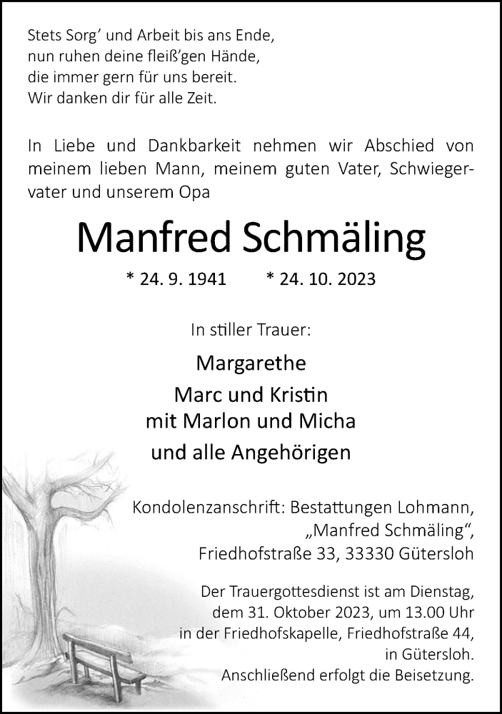  Traueranzeige für Manfred Schmäling vom 28.10.2023 aus Neue Westfälische