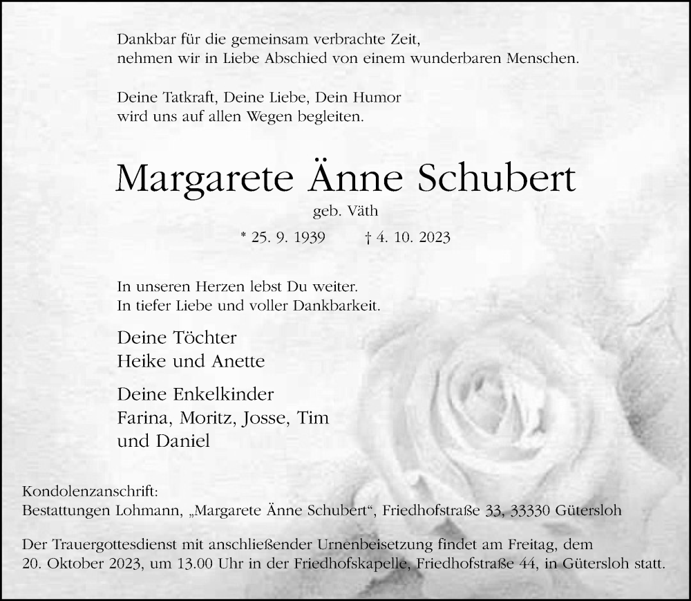  Traueranzeige für Margarete Änne Schubert vom 07.10.2023 aus Neue Westfälische