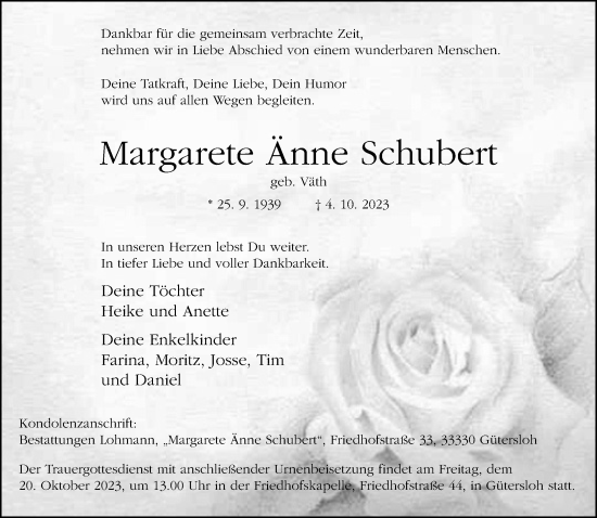 Traueranzeige von Margarete Änne Schubert von Neue Westfälische
