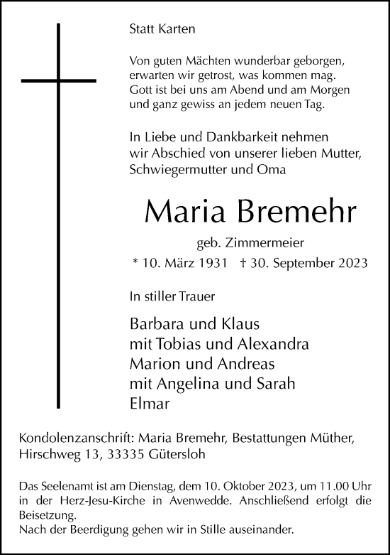 Traueranzeige von Maria Bremehr von Neue Westfälische
