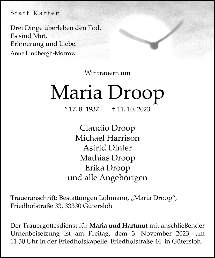  Traueranzeige für Maria Droop vom 28.10.2023 aus Neue Westfälische