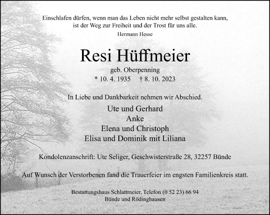 Traueranzeige von Resi Hüffmeier von Neue Westfälische