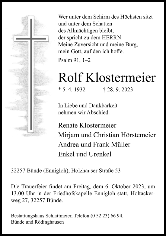 Traueranzeige von Rolf Klostermeier von Neue Westfälische