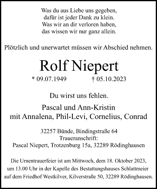 Traueranzeige von Rolf Niepert von Neue Westfälische