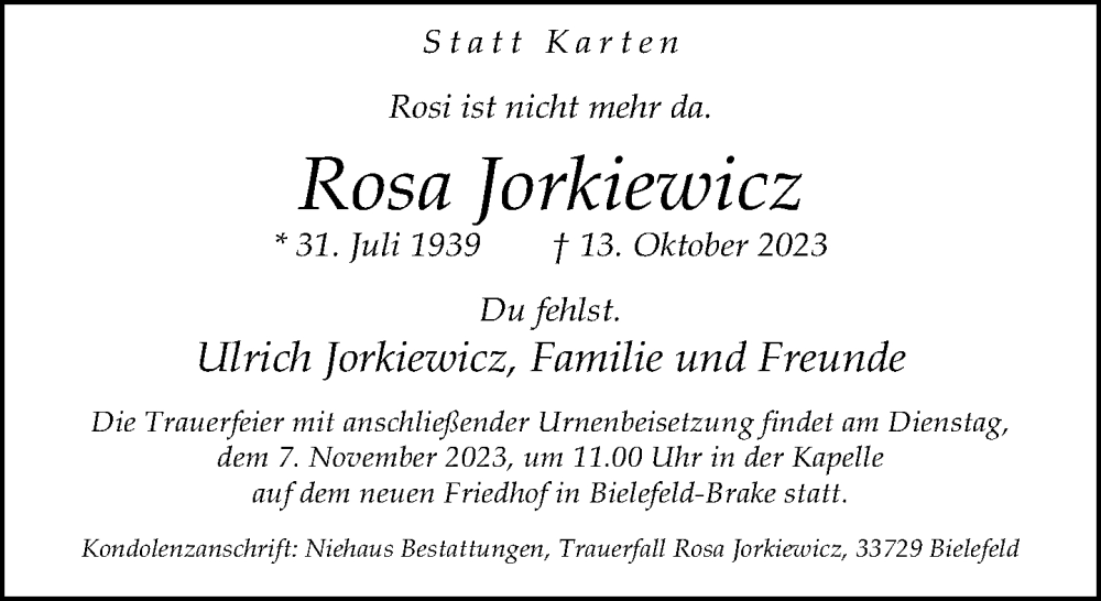  Traueranzeige für Rosa Jorkiewicz vom 28.10.2023 aus Neue Westfälische