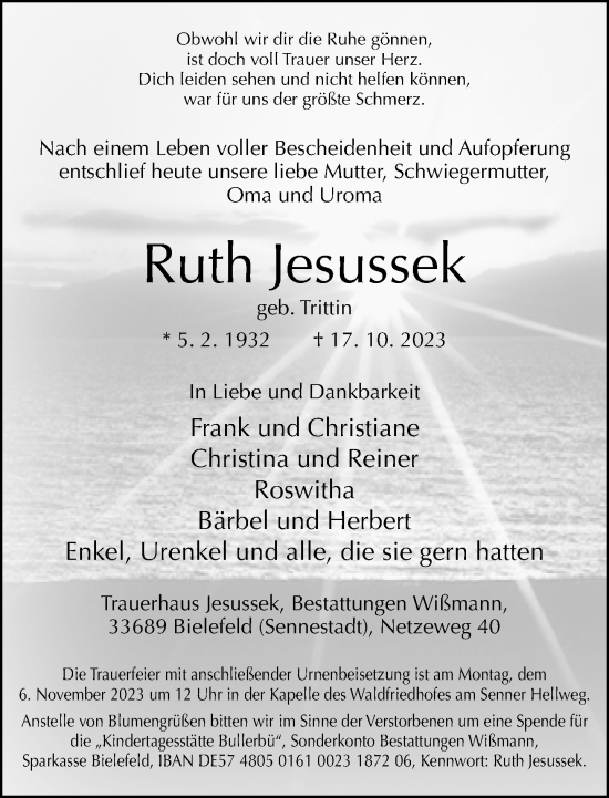Traueranzeige von Ruth Jesussek von Neue Westfälische
