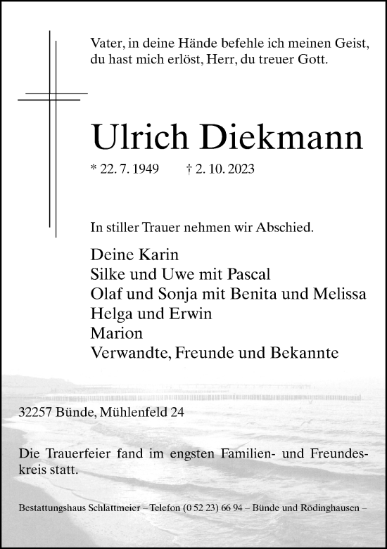 Traueranzeige von Ulrich Diekmann von Neue Westfälische