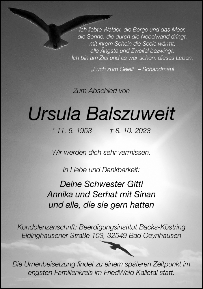  Traueranzeige für Ursula Balszuweit vom 14.10.2023 aus Neue Westfälische