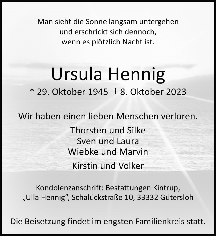  Traueranzeige für Ursula Hennig vom 14.10.2023 aus Neue Westfälische