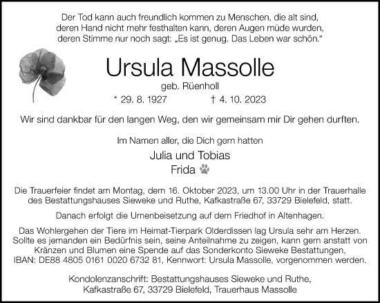 Traueranzeige von Ursula Massolle von Neue Westfälische
