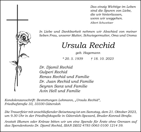 Traueranzeige von Ursula Rechid von Neue Westfälische