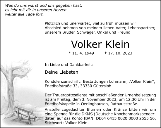 Traueranzeige von Volker Klein von Neue Westfälische