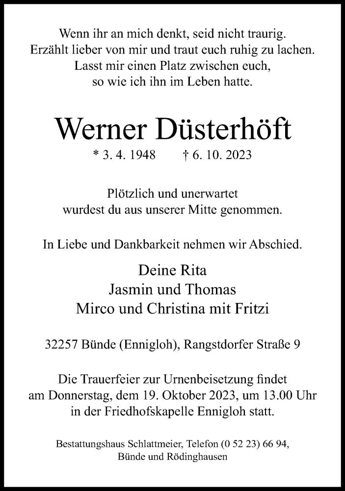  Traueranzeige für Werner Düsterhöft vom 14.10.2023 aus Neue Westfälische