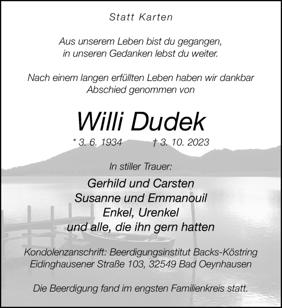 Traueranzeige von Willi Dudek von Neue Westfälische