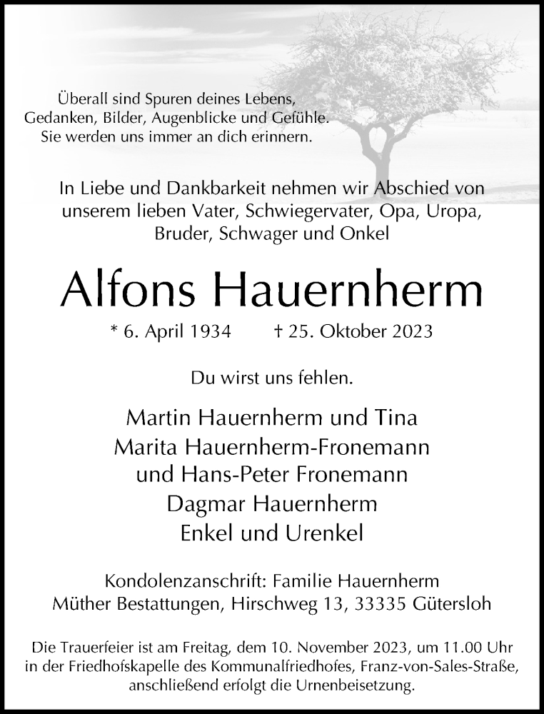  Traueranzeige für Alfons Hauernherm vom 01.11.2023 aus Neue Westfälische