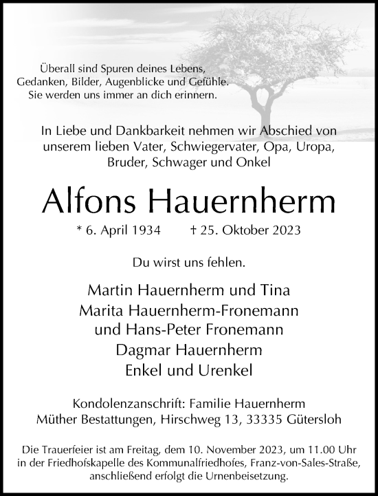 Traueranzeige von Alfons Hauernherm von Neue Westfälische