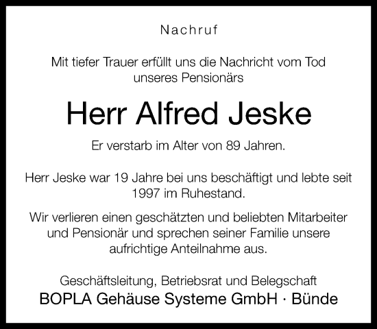 Traueranzeige von Alfred Jeske von Neue Westfälische