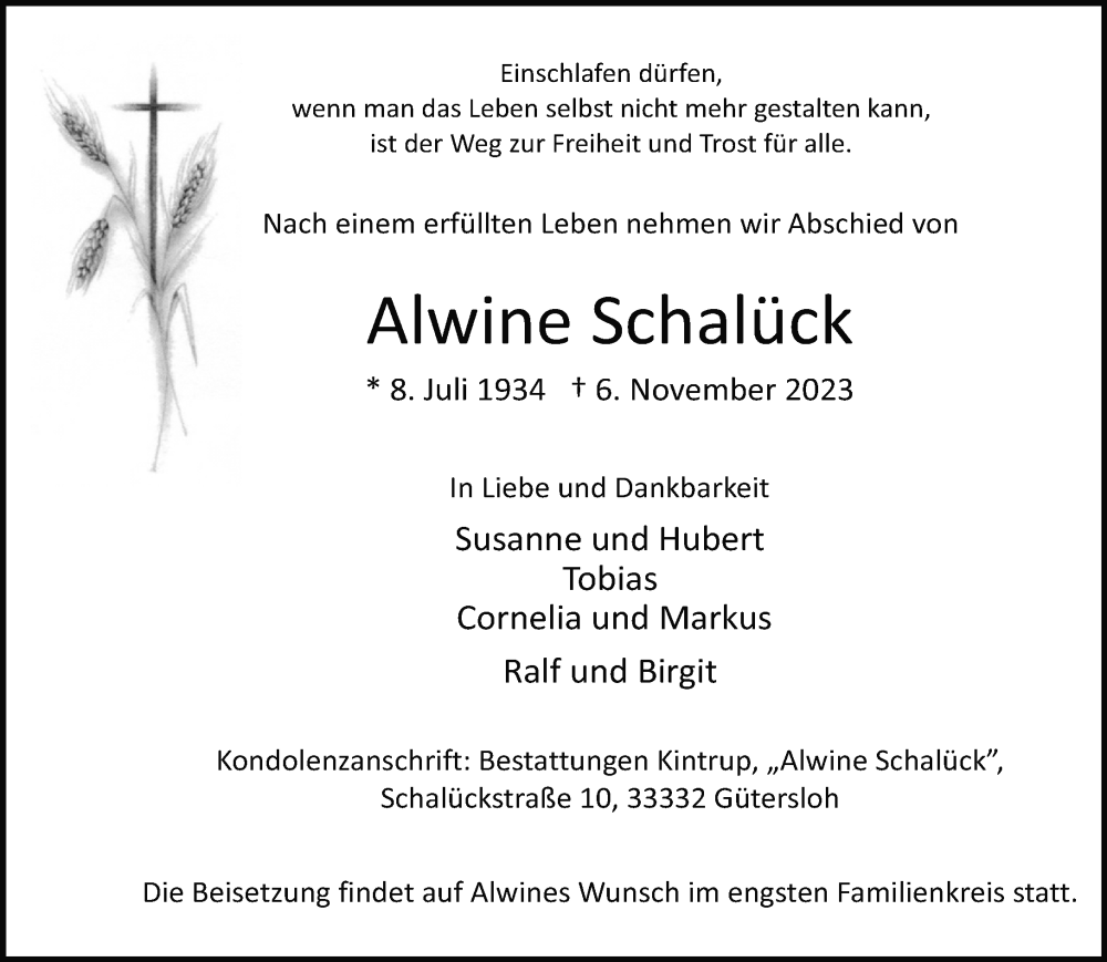  Traueranzeige für Alwine Schalück vom 08.11.2023 aus Neue Westfälische
