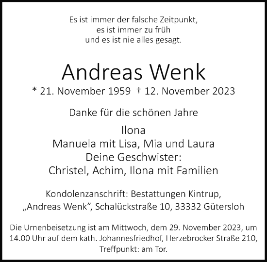Traueranzeige von Andreas Wenk von Neue Westfälische