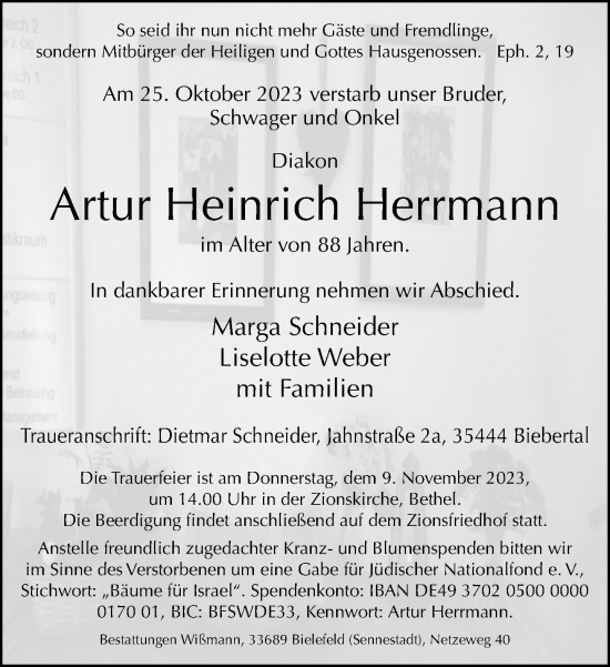 Traueranzeige von Artur Heinrich Herrmann von Neue Westfälische