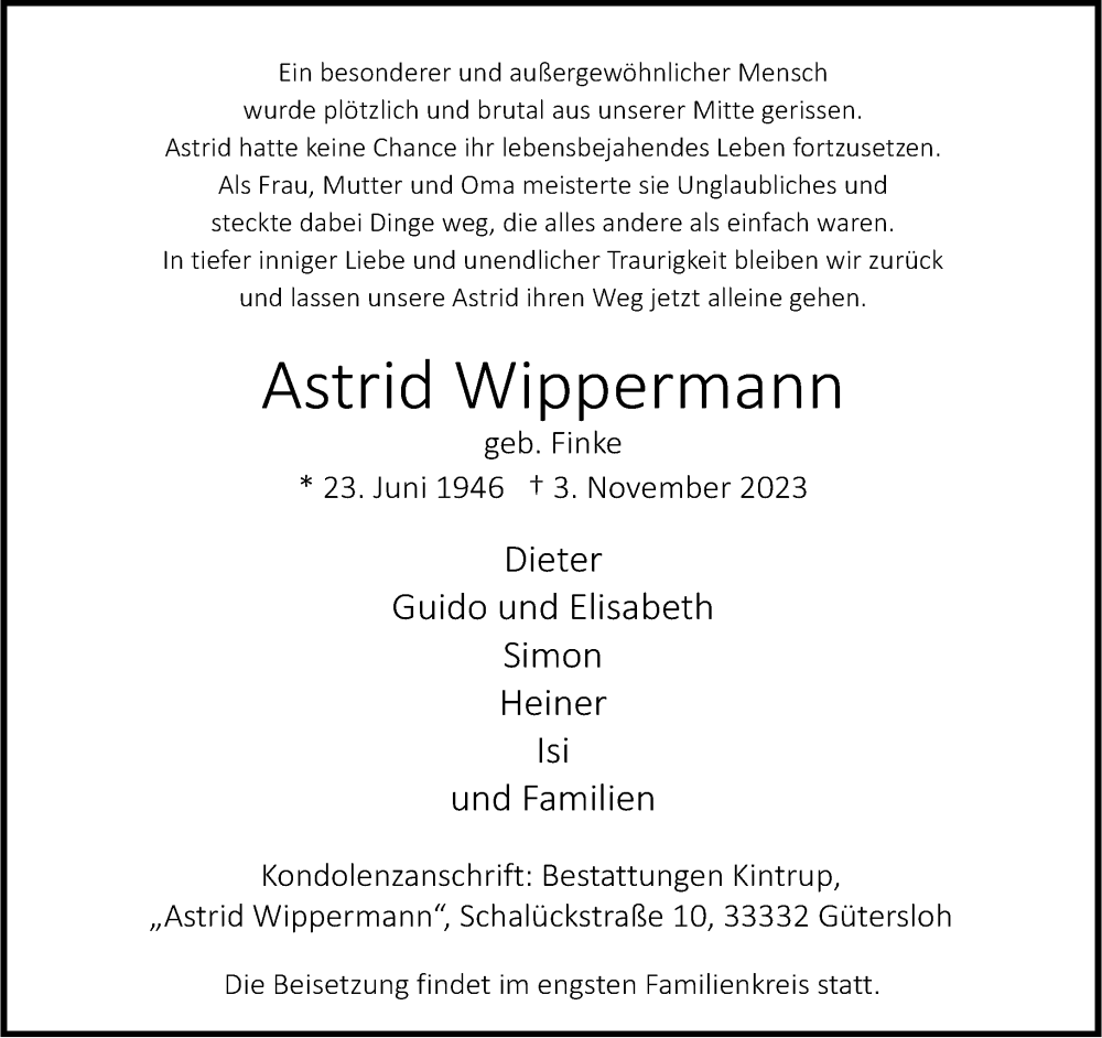  Traueranzeige für Astrid Wippermann vom 11.11.2023 aus Neue Westfälische