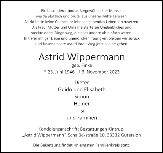Traueranzeige von Astrid Wippermann von Neue Westfälische