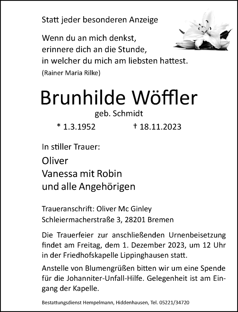  Traueranzeige für Brunhilde Wöffler vom 25.11.2023 aus Neue Westfälische