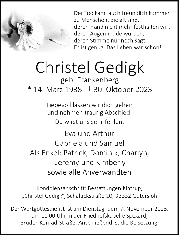  Traueranzeige für Christel Gedigk vom 01.11.2023 aus Neue Westfälische