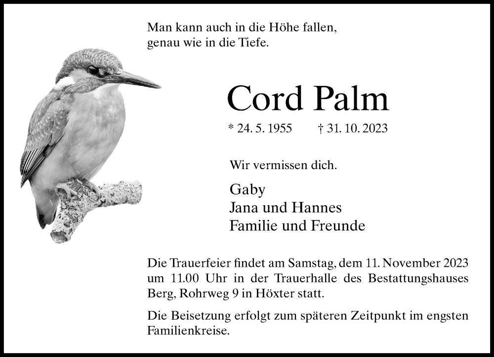  Traueranzeige für Cord Palm vom 04.11.2023 aus Neue Westfälische