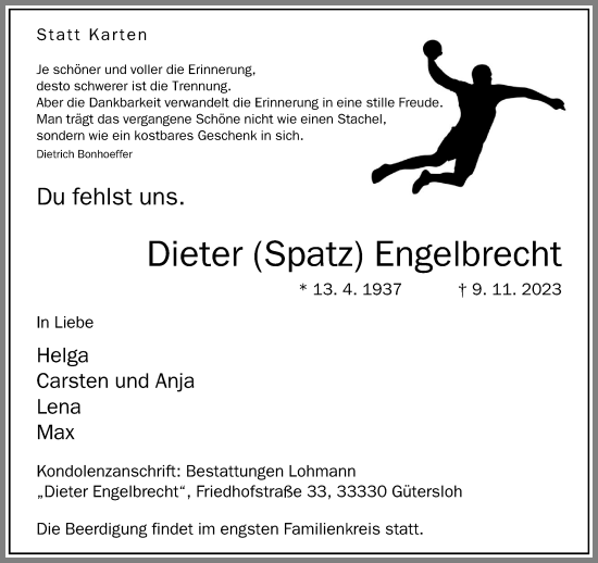 Traueranzeige von Dieter Engelbrecht von Neue Westfälische