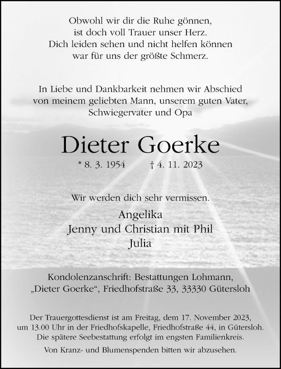Traueranzeige von Dieter Goerke von Neue Westfälische
