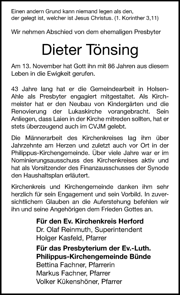 Traueranzeige für Dieter Tönsing vom 25.11.2023 aus Neue Westfälische