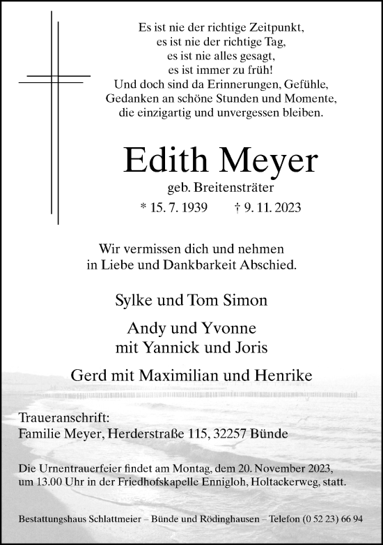 Traueranzeige von Edith Meyer von Neue Westfälische