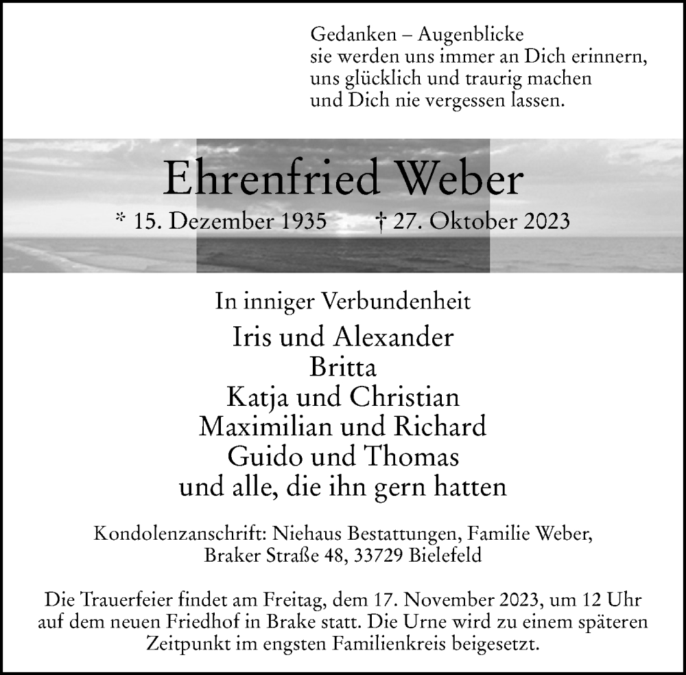  Traueranzeige für Ehrenfried Weber vom 04.11.2023 aus Neue Westfälische