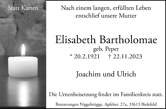 Traueranzeige von Elisabeth Bartholomae von Neue Westfälische