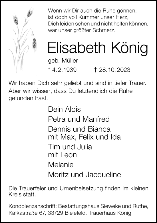 Traueranzeige von Elisabeth König von Neue Westfälische