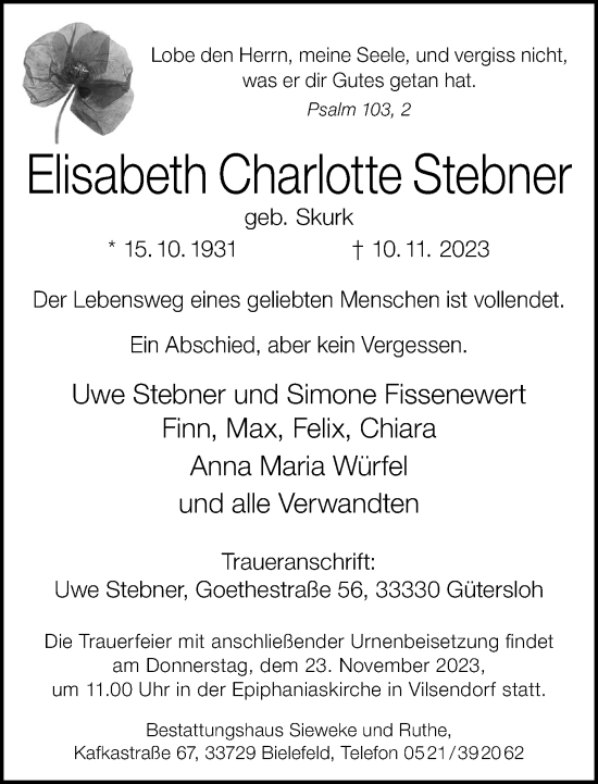 Traueranzeige von Elisabeth Charlotte Stebner von Neue Westfälische