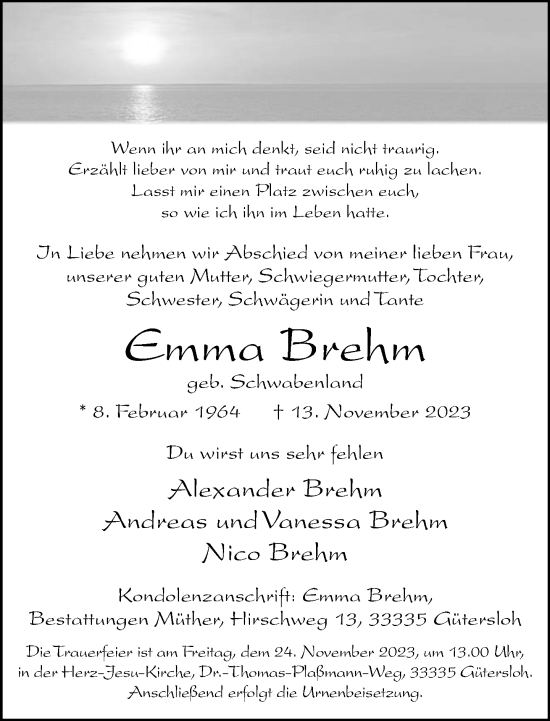 Traueranzeige von Emma Brehm von Neue Westfälische