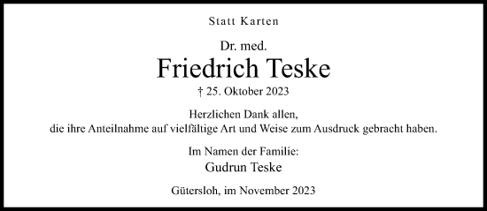 Traueranzeige von Friedrich Teske von Neue Westfälische