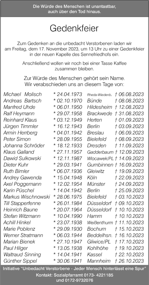 Traueranzeige von Gedenkfeier  von Neue Westfälische