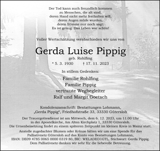 Traueranzeige von Gerda Luise Pippig von Neue Westfälische