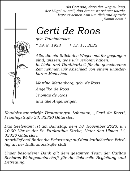 Traueranzeige von Gerti de Roos Pruchniewicz von Neue Westfälische