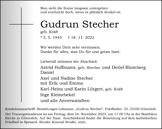 Traueranzeige von Gudrun Stecher von Neue Westfälische