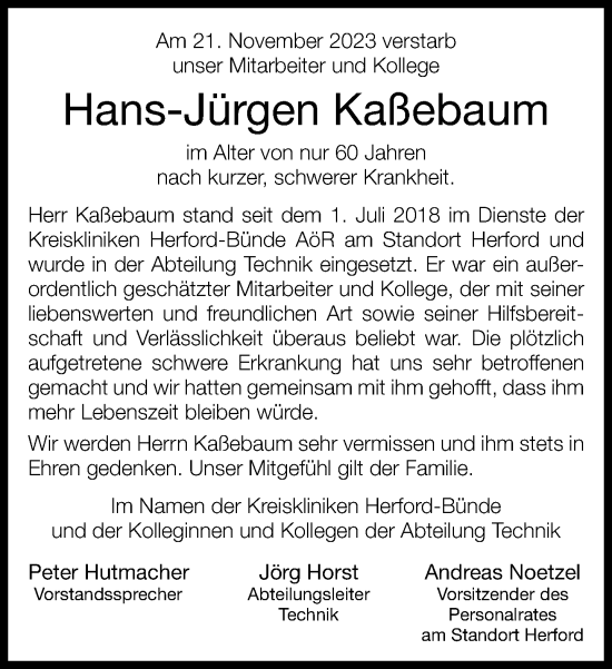 Traueranzeige von Hans-Jürgen Kaßebaum von Neue Westfälische