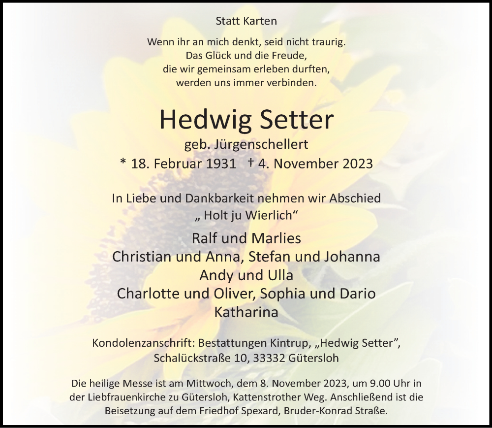  Traueranzeige für Hedwig Setter vom 07.11.2023 aus Neue Westfälische